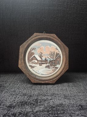 Currier & Ives Tile in Wood Plaque 4.5 In Winter Morning Feeding The Chickens